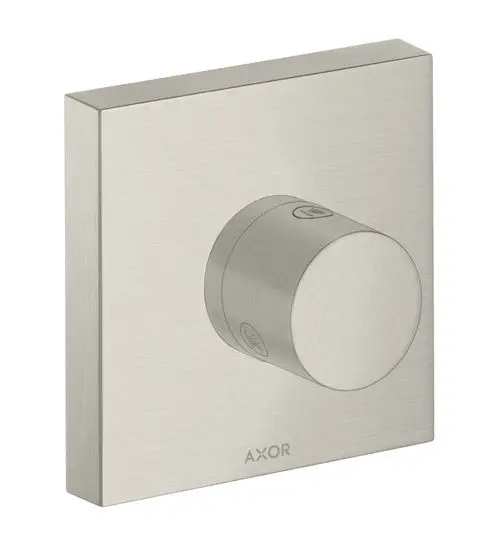 Edelstahl Unterputzventil von AXOR mit rundem Bedienknopf und quadratischer Wandplatte, geeignet für Dusche oder Bad.